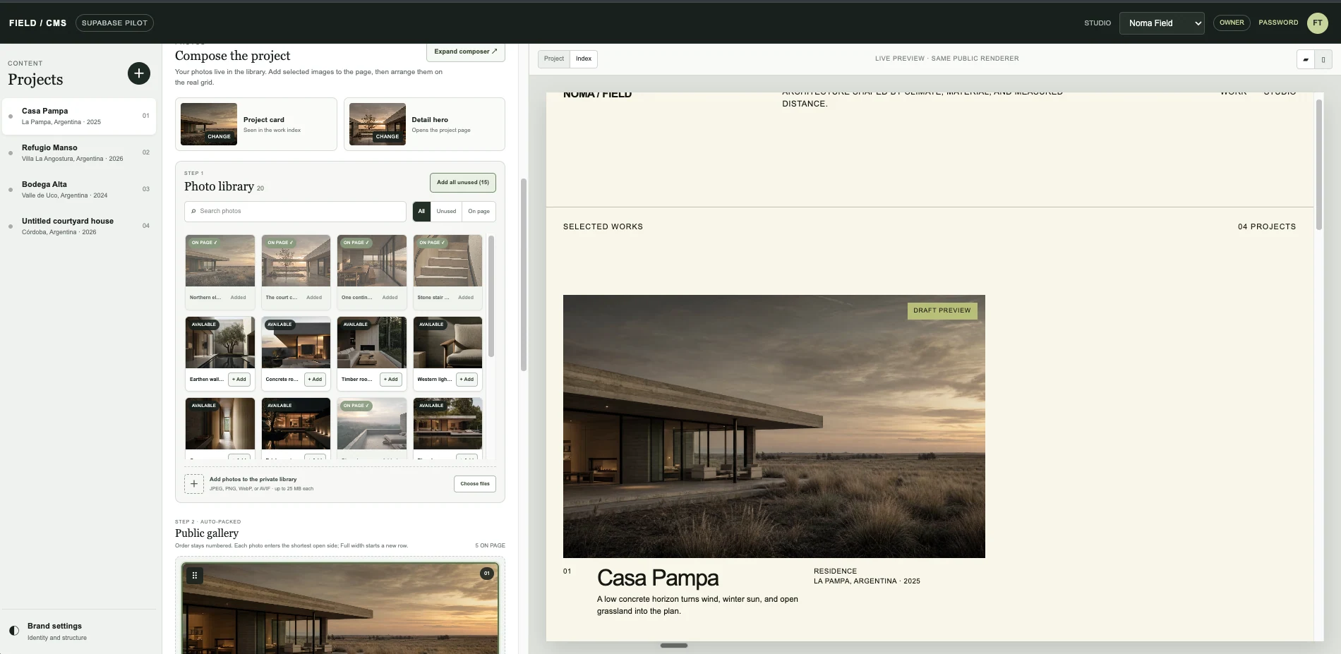 Field CMS project composer with photo library, ordered gallery, and live Noma Field preview
