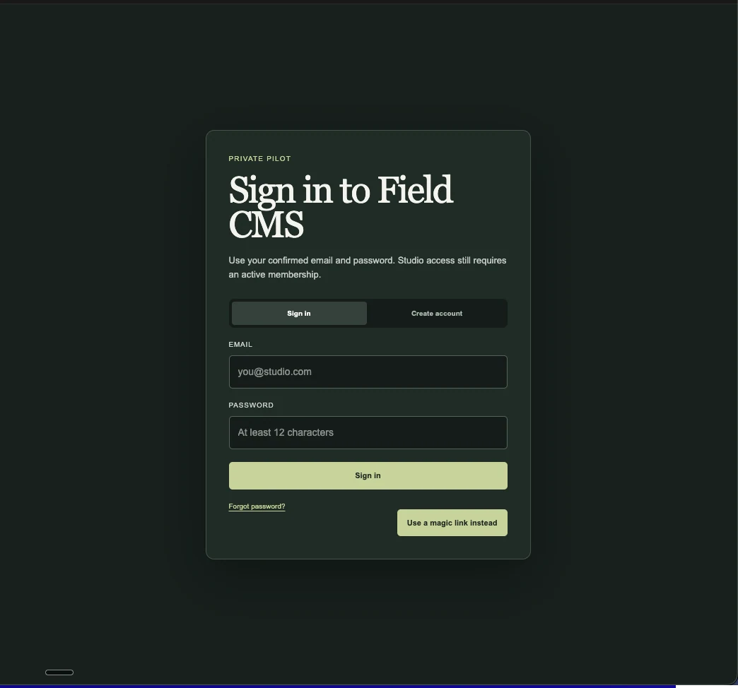 Field CMS private-pilot sign-in screen in a dark green interface