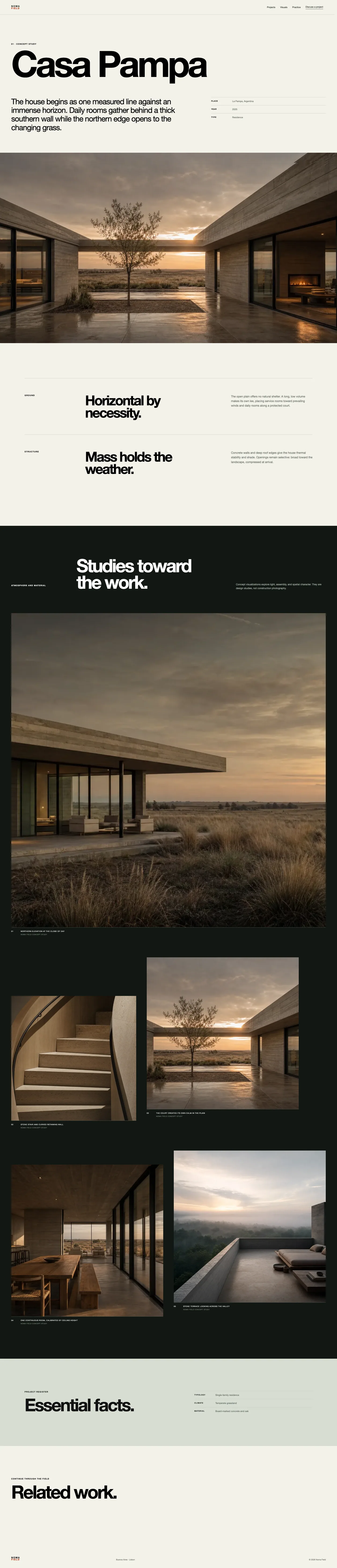 Full Noma Field Casa Pampa project-page study with project facts and a paced architectural image narrative