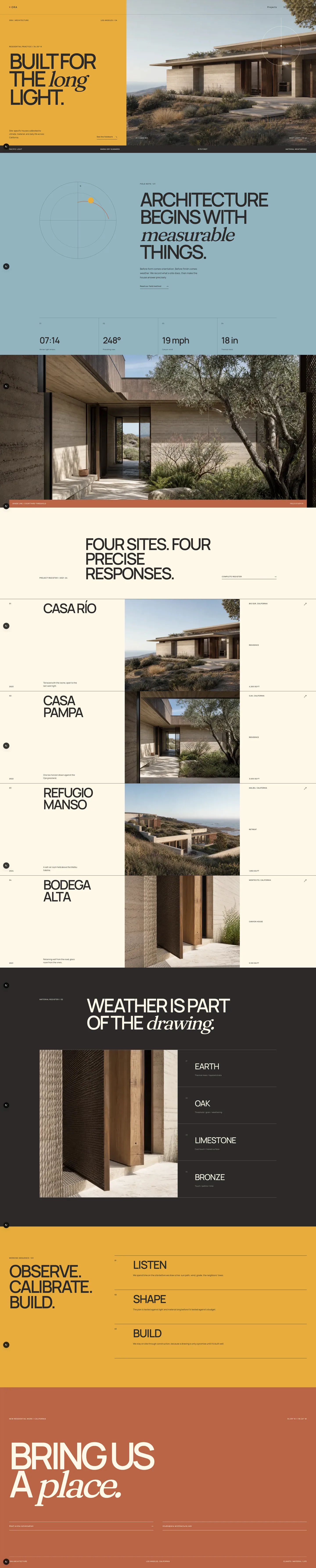Full ORA Architecture home-page study with climate data, four project entries, field method, and contact sequence
