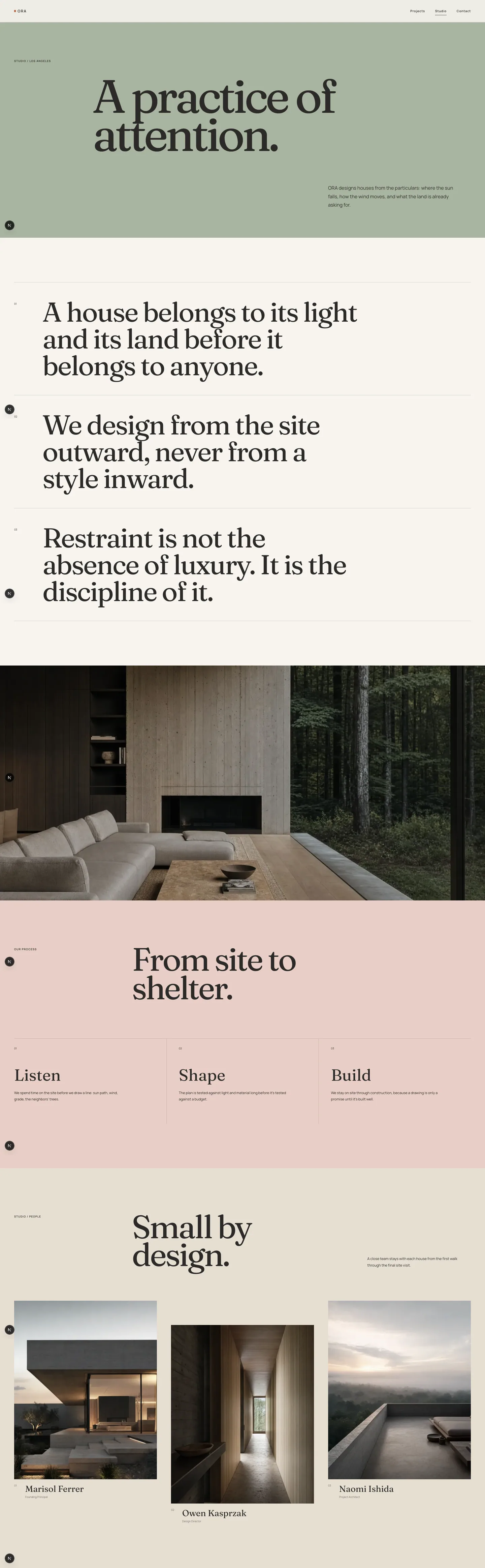 Full ORA Architecture studio-page study with editorial practice story and climate-led design system
