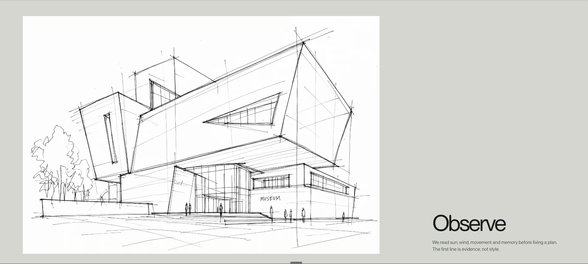 Veyran Architecture Studio Observe screen with a museum concept sketch and restrained mineral typography
